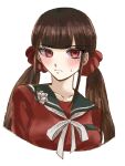  1girl black_sailor_collar blunt_bangs blush breasts brown_hair closed_mouth collarbone cropped_torso danganronpa_(series) danganronpa_v3:_killing_harmony grey_ribbon hair_ornament hair_scrunchie harukawa_maki large_breasts low_twintails mole mole_under_eye neck_ribbon red_eyes red_scrunchie red_shirt ribbon sailor_collar sake_konbu_onigiri scrunchie shirt solo sweatdrop twintails 