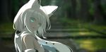  1girl animal_ears aqua_eyes blurry blurry_background braid detached_sleeves fox_ears fox_girl fox_tail highres hololive long_hair looking_at_viewer looking_back shirakami_fubuki shirakami_fubuki_(1st_costume) smile solo suzuushi tail virtual_youtuber white_hair 