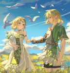  1boy 1girl absurdres al_guang bird blonde_hair blue_eyes blue_sky bouquet circlet cloud commentary_request day dress earrings eye_contact flower grasslands green_eyes green_tunic highres holding holding_bouquet holding_hands jewelry link looking_at_another mountainous_horizon necklace official_alternate_costume outdoors parted_bangs pointy_ears princess_zelda short_hair single_bare_shoulder sky smile standing strapless strapless_dress teardrop_facial_mark the_legend_of_zelda the_legend_of_zelda:_tears_of_the_kingdom white_bird white_dress 