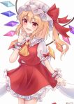  1girl ascot back_bow blonde_hair bow breasts collared_shirt cowboy_shot crystal fang flandre_scarlet frilled_shirt_collar frilled_skirt frilled_sleeves frills hair_between_eyes hand_to_own_mouth hat hat_bow hat_ribbon head_tilt highres large_bow light_smile long_hair looking_at_viewer mob_cap multicolored_wings one_side_up open_mouth puffy_short_sleeves puffy_sleeves red_bow red_eyes red_ribbon red_skirt red_vest ribbon runa_(runa7733) shirt short_sleeves simple_background skirt skirt_set sleeve_bow small_breasts solo touhou vest white_background white_bow white_headwear white_shirt wings wrist_cuffs yellow_ascot 