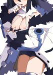  1girl asagiri_asagi black_hair breasts cleavage clothes_pull coat disgaea fingerless_gloves gloves head_out_of_frame highres large_breasts morisobo nipples shorts simple_background solo white_coat white_gloves 