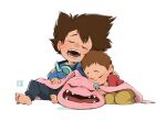  1boy 1girl 1other barefoot brother_and_sister brown_hair digimon digimon_(creature) digimon_adventure digimon_adventure_(1999_film) fangs feet goggles goggles_around_neck koromon messy_hair open_mouth sharp_teeth short_hair siblings simple_background sleeping sleepy_kc spiked_hair teeth whistle white_background yagami_hikari yagami_taichi 