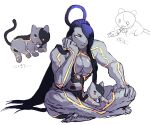  1girl :3 animal animal_on_lap animalization barefoot black_hair breasts cat cat_on_lap cleavage colored_skin crossed_legs female_seth_(street_fighter) grey_skin hair_over_one_eye hand_on_own_cheek hand_on_own_face hand_on_own_knee highres large_breasts muscular muscular_female on_lap orb single_hair_ring sitting street_fighter street_fighter_v trfd_3 yellow_eyes yin_yang yin_yang_orb 