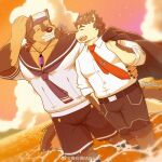  2boys :d ^_^ animal_ears bara brown_fur closed_eyes cloud cloudy_sky dog_boy dog_ears facial_hair feet_out_of_frame furry furry_male goatee grin hand_on_own_head happy highres jacket jacket_over_shoulder jacket_removed jewelry large_pectorals live_a_hero male_focus male_protagonist_(live_a_hero) mallards mature_male multiple_boys muscular muscular_male necktie orange_sky pants pectoral_cleavage pectorals pendant pubraseer_(live_a_hero) red_necktie sailor sailor_collar short_hair sky smile thick_eyebrows two-tone_fur wading walking yaoi 