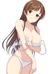  1girl areola_slip bare_shoulders bra bra_pull breasts brown_eyes brown_hair cleavage closed_mouth clothes_pull cowboy_shot crotch_seam idolmaster idolmaster_cinderella_girls large_breasts light_blush light_smile long_hair looking_at_viewer navel nitta_minami open_bra panties perapera simple_background solo standing underwear underwear_only undressing white_background white_bra white_panties 