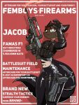  2023 anthro assault_rifle collar cover english_text famas felid feline gun handgun hi_res latex magazine_cover male mammal marcus_gray pistol ranged_weapon rifle solo standing text weapon 