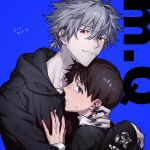  2boys black_hoodie black_nails black_sweater blue_background blue_eyes brown_eyes brown_hair dated grey_hair hand_on_another&#039;s_chest hood hood_down hoodie hug ikari_shinji looking_at_viewer male_focus multiple_boys nagisa_kaworu neon_genesis_evangelion quwo red_eyes shirt short_hair short_ponytail sweater white_shirt yaoi 