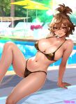  1girl arm_support bare_arms bare_shoulders bikini breasts brown_bikini brown_eyes brown_hair commentary_request crossed_bangs day feet_out_of_frame felsi_rollo grin gundam gundam_suisei_no_majo hair_between_eyes highres knee_up large_breasts light_rays looking_at_viewer navel outdoors oyaman poolside shadow smile solo stomach string_bikini sunbeam sunlight swimsuit topknot twitter_username water 