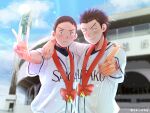  2boys artist_name baseball_uniform blurry blurry_background blush highres index_finger_raised last_inning male_focus meguru_(sk_046) messy_hair multiple_boys naoya_hidaka outdoors red_ribbon ribbon shirt short_hair short_sleeves smile sota_yashio sportswear stadium stadium_lights standing v white_shirt 