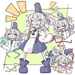  &gt;_&lt; 1girl asameshi blue_headwear blush_stickers closed_eyes grey_hair hair_between_eyes hat highres long_hair mononobe_no_futo multiple_views open_mouth ponytail smile tate_eboshi tears touhou 