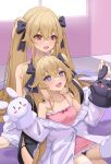  2girls absurdres anchorage_(azur_lane) attilio_regolo_(azur_lane) attilio_regolo_(castle_of_inspiration)_(azur_lane) azur_lane camisole collarbone crossed_bangs frilled_jacket frills hair_ribbon hand_puppet heart heart-shaped_pupils highres jacket light_brown_hair multiple_girls off_shoulder official_alternate_costume open_mouth puppet rabbit_puppet red_eyes ribbon sitting sitting_on_lap sitting_on_person smile soar_sora222 symbol-shaped_pupils twintails 