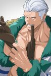  1boy adjusting_clothes adjusting_gloves bara birthday cigar facial_hair glove_in_mouth gloves goatee hair_slicked_back highres leather leather_gloves long_sideburns looking_at_viewer male_focus mature_male mi_(mi_490ni) mouth_hold muscular muscular_male one_piece pectoral_cleavage pectorals short_hair sideburns smoker_(one_piece) smoking solo stubble upper_body veins veiny_hands 