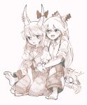  2girls :d arm_support arm_up baggy_pants bangs barefoot between_legs blush bow collared_shirt dot_nose dress eyebrows_hidden_by_hair flustered fujiwara_no_mokou full-face_blush full_body furrowed_brow hair_between_eyes hair_bow half_updo hand_between_legs hand_up hatching_(texture) holding_another&#039;s_wrist horn_bow horn_grab horn_ornament horns hug hug_from_behind itomugi-kun kamishirasawa_keine linear_hatching long_hair looking_at_another low-tied_long_hair lower_teeth_only monochrome multiple_girls neckerchief no_headwear ofuda ofuda_on_clothes open_mouth pants puffy_pants puffy_short_sleeves puffy_sleeves sepia sepia_background shirt short_sleeves simple_background sitting sleeves_rolled_up smile suspenders sweat teeth toes touhou very_long_hair wing_collar wrist_cuffs 