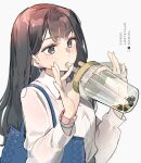  1girl blue_bag blue_eyes brown_hair bubble_tea chinese_commentary collared_shirt commentary_request cup disposable_cup from_side grey_background highres holding holding_cup long_hair long_sleeves office_lady_taiwan original shirt simple_background solo tennohi upper_body white_shirt 