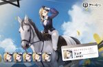  1girl adjusting_clothes adjusting_headwear animal arm_up ascot azur_lane black_footwear blonde_hair blue_eyes blue_headwear blue_sky boots breasts character_name closed_eyes cloud day earrings expressions frills gloves hand_on_headwear hat hood_(azur_lane) horse horseback_riding jacket jewelry knee_boots long_hair long_sleeves looking_at_viewer official_alternate_costume official_art outdoors pants pants_tucked_in riding riding_boots sa_(h28085) shirt sky smile tilted_headwear uniform white_gloves white_pants white_shirt 