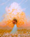  1girl artist_name brown_hair closed_eyes cloud commentary dress english_commentary flower hat highres maxine_vee orange_flower original smile sofia_(maxine_vee) solo white_dress 