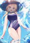  1girl :d absurdres bangs black_one-piece_swimsuit blonde_hair blue_sky breasts brown_headwear commentary_request cum cum_on_body darumoon highres looking_at_viewer medium_hair moriya_suwako one-piece_swimsuit open_mouth outdoors school_swimsuit sidelocks sky smile solo swimsuit thighs touhou water yellow_eyes 