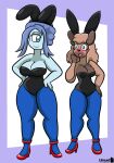  1_eye anthro blue_body blue_eyes blue_hair blue_skin blush breasts brown_body brown_fur bunny_costume canid canine canis clothed clothing costume cyclops digital_media_(artwork) duo fake_ears fake_rabbit_ears female female/female fur generation_1_pokemon generation_7_pokemon hair hi_res koi_(carrot_kiss) legwear leotard litmus2 magnemite mammal nintendo not_furry open_mouth petra_(carrot_kiss) pokemon pokemon_(species) rockruff shaded simple_background smile 