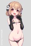  1girl :d avatar_2.0_project bikini blush breasts brown_hair cleavage clenched_hands elbow_gloves fang gloves hair_ornament highres looking_at_viewer micro_bikini navel red_eyes shirono_kuromi short_hair small_breasts smile solo sweatdrop swimsuit virtual_youtuber yoshiwa_tomo 