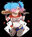  1girl baseball_bat black_background black_thighhighs blue_hair cosplay fire_emblem fire_emblem_fates gloves harley_quinn harley_quinn_(cosplay) heart highres light_blue_hair naughty_face peri_(fire_emblem) pink_hair poker shirt t-shirt tattoo thighhighs thighs tongue tongue_out twintails 