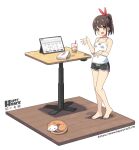  1girl :d animal bare_arms bare_shoulders barefoot black_shorts blush brown_eyes brown_hair camisole cat cup disposable_cup drinking_straw food hair_ribbon hands_up hatsunatsu looking_at_viewer original ponytail red_ribbon ribbon short_shorts shorts simple_background smile solo standing table watermark web_address white_background white_camisole wooden_floor 