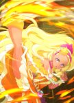  1girl amamiya_elena blonde_hair brooch commentary_request cure_soleil dark-skinned_female dark_skin dress earrings fire frilled_cuffs frilled_dress frills frown hair_ornament hair_pulled_back hair_scrunchie hairband head_chain high_kick highres jewelry kicking long_hair looking_at_viewer magical_girl mochi_curry mole mole_under_eye necklace off-shoulder_dress off_shoulder open_mouth orange_dress partial_commentary pink_hairband pouch precure purple_eyes scrunchie short_dress shorts shorts_under_dress solo standing star_(symbol) star_brooch star_hair_ornament star_twinkle_precure upskirt very_long_hair white_shorts 
