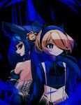  2girls :| animal_ears aqua_pupils aria_(phantom_rose) arms_at_sides ascot back back-to-back bare_shoulders black_ascot black_background blue_background blue_eyes blue_hair blue_hairband blue_shirt blunt_bangs bob_cut bonnet breasts bright_pupils bustier character_request clock clock_hat_ornament closed_mouth collared_shirt commentary cross-laced_clothes cross-laced_top dark_background detached_sleeves diamond-shaped_pupils diamond_(shape) expressionless eyebrows_hidden_by_hair fake_animal_ears flat_chest floating_hair hair_over_one_eye hairband high-waist_skirt high_collar long_bangs long_eyelashes long_hair looking_at_viewer looking_away looking_back makaroll multiple_girls phantom_rose pointy_nose profile red_eyes red_lips shirt shirt_tucked_in short_hair sideways_glance skirt small_breasts suspender_skirt suspenders swept_bangs symbol-shaped_pupils two-tone_background upper_body very_long_hair white_bustier white_skirt 