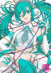  1girl artist_name bare_shoulders boushi-ya breasts crop_top elbow_gloves gloves green_eyes green_hair green_thighhighs hatsune_miku looking_at_viewer midriff miniskirt one_eye_closed skirt smile solo thighhighs twintails vocaloid 
