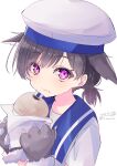  1girl absurdres animal_ears animal_hands black_hair blue_sailor_collar bread claws dress food gloves hat hiburi_(kancolle) highres hizaka kantai_collection low_ponytail one-hour_drawing_challenge paw_gloves purple_eyes sailor_collar sailor_dress sailor_hat short_hair simple_background solo upper_body white_background white_headwear wolf_ears 