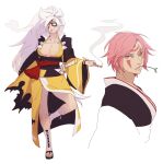  1girl alternate_color alternate_hair_length alternate_hairstyle baiken breasts cleavage clenched_teeth commentary facial_mark forehead_mark guilty_gear hanpetos holding holding_smoking_pipe japanese_clothes katana kimono large_breasts long_hair pink_eyes pink_hair ponytail scar scar_across_eye short_hair smoke smoking_pipe standing standing_on_one_leg sword symbol-only_commentary teeth torn_clothes weapon white_hair wide_sleeves yellow_kimono 