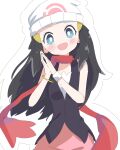 1girl :d aqua_eyes azu_(jwjp2452) beanie black_hair black_shirt bracelet bright_pupils commentary_request dawn_(pokemon) hair_ornament hairclip hands_up hat highres jewelry long_hair looking_at_viewer open_mouth own_hands_together pink_skirt poke_ball_print pokemon pokemon_(game) pokemon_dppt red_scarf scarf shirt skirt sleeveless sleeveless_shirt smile solo white_background white_headwear white_pupils 