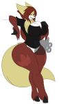  2019 anthro barefoot big_breasts black_body black_clothing black_fur black_sclera black_shirt black_topwear bottomless bottomless_anthro bottomless_female breasts chest_tuft clothed clothing delphox dewwydarts exposure_variation feet female fluffy fluffy_tail fur generation_6_pokemon hair hand_on_breast hi_res long_hair maddie_(dewwydarts) multicolored_body multicolored_fur nintendo open_mouth pokemon pokemon_(species) red_body red_fur red_hair shirt simple_background solo standing tail thick_thighs topwear tuft white_background white_body white_fur wide_hips yellow_body yellow_eyes yellow_fur 