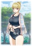  1girl artist_name black_one-piece_swimsuit blonde_hair brand_name_imitation breasts cloud cloudy_sky collarbone day fence goggles hair_bun highres holding holding_goggles looking_at_viewer machao one-piece_swimsuit original outdoors sky solo standing swim_cap swimsuit towel towel_around_neck tree 