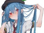  1girl absurdres ascot black_headwear blue_hair blush closed_mouth hair_between_eyes hat highres hinanawi_tenshi holding holding_hair long_hair red_ascot red_eyes shirt short_sleeves simple_background solo touhou tsune_(tune) upper_body white_background white_shirt 