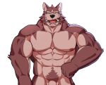  2022 abs absurd_res anthro artist_name biceps canid canine canis facial_hair fangs fur genitals goatee hi_res hugothecorgo looking_at_viewer male mammal muscular muscular_anthro muscular_male nipples obliques open_mouth pecs penis pubes red_body red_fur rou_(radcanine) sideburns simple_background solo teeth white_background wolf yellow_eyes 