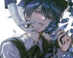  2boys artist_name black_bow black_eyes black_vest blue_flower blue_hair blue_petals blue_rose bow bowtie ciel_phantomhive collared_shirt dark_blue_hair earrings falling_petals flower gloves hair_between_eyes hand_on_another&#039;s_face heterochromia highres jewelry kuroshitsuji long_sleeves looking_at_viewer lying m_m_pb male_focus multiple_boys on_side out_of_frame parted_lips petals purple_eyes rose sebastian_michaelis shirt short_hair simple_background solo_focus star_(symbol) star_in_eye symbol_in_eye upper_body vest white_background white_gloves white_petals white_shirt 