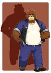  2023 absurd_res anthro bear belly bottomwear brown_body brown_fur clothing fur hi_res humanoid_hands juuichi_mikazuki kemono male mammal morenatsu musclegut overweight overweight_male pants shirt solo takichizento topwear 