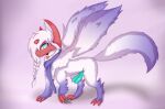  2_penises absol blue_eyes braided_hair claws feral gem generation_3_pokemon genitals gradient_fur hair hi_res horn izuna_the_mega_absol joeumbre knot male multi_genitalia multi_penis nintendo penis pokemon pokemon_(species) red_body scarf solo tail wings 