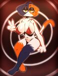  2023 :3 abstract_background absurd_res anthro big_breasts bikini bikini_top bottomless bottomless_anthro bottomless_female breasts calico_cat claws clothed clothing domestic_cat epic_games felid feline felis female finger_claws fortnite full-length_portrait gabbah gesture half-closed_eyes hi_res huge_breasts looking_at_viewer mammal meow_skulls_(fortnite) narrowed_eyes portrait red_bikini red_clothing red_swimwear sitting solo swimwear v_sign yellow_eyes 