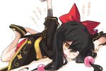  1girl arm_up black_dress black_footwear black_hair chiganemaru_(tenka_hyakken) commentary dress floral_print long_hair low_twintails lying motion_lines on_floor open_mouth red_ribbon red_skirt ribbon sala_mander sheath sheathed skirt solo sword tenka_hyakken translation_request twintails wakizashi weapon yellow_eyes 