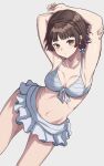  1girl armpits arms_up bikini braid breasts brown_hair closed_mouth commentary_request crown_braid expressionless highres looking_at_viewer medium_breasts navel niijima_makoto persona persona_5 red_eyes s-m-53413 short_hair solo swimsuit thighs white_bikini 