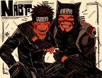  2boys black_gloves brown_hair closed_eyes copyright_name facepaint fingerless_gloves forehead_protector gloves grin hand_on_another&#039;s_shoulder highres inuzuka_kiba kankurou_(naruto) konohagakure_symbol larugo0513 looking_at_viewer multiple_boys naruto_(series) open_mouth scroll short_hair smile spiked_hair squinting sunagakure_symbol teeth upper_body 