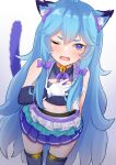  1girl absurdres ai.mi_(omega_strikers) ai.mi_(omega_strikers)_(idol_ai.mi) animal_ears bell blue_eyes blue_hair blush bow cat_ears cat_girl elbow_gloves gloves hair_ornament hama_(daisekken) highres jingle_bell long_hair looking_at_viewer neck_bell omega_strikers open_mouth simple_background skirt solo thighhighs white_background zettai_ryouiki 