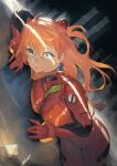  1girl blue_eyes bodysuit breasts closed_mouth fadingz gloves glowing glowing_eye hair_between_eyes highres long_hair looking_at_viewer lying medium_breasts neon_genesis_evangelion on_side orange_hair plugsuit red_bodysuit red_gloves signature solo souryuu_asuka_langley 