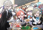  absurdres akane_(blue_archive) apron asuna_(blue_archive) beef blue_archive chalkboard chopsticks cleaning_&amp;_clearing_(blue_archive) cooking dark-skinned_female dark_skin feeding food force-feeding full_mouth glasses grill grilling halo highres holding holding_chopsticks holding_plate karin_(blue_archive) maid maid_apron maid_headdress meat neru_(blue_archive) peroro_(blue_archive) plate sweatdrop toki_(blue_archive) vegetable 