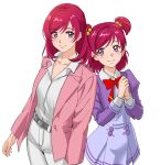  2girls age_difference belt bow bowtie closed_mouth collarbone collared_shirt cowboy_shot dress dress_shirt grey_belt grey_dress hair_bobbles hair_ornament height_difference highres jacket kibou_no_chikara_~otona_precure_&#039;23~ l&#039;ecole_des_cinq_lumieres_school_uniform long_hair long_sleeves multiple_girls open_clothes open_jacket own_hands_together pants pink_jacket pleated_dress precure purple_eyes purple_jacket red_bow red_bowtie red_hair school_uniform shirt short_dress sketch smile sozan standing swept_bangs two_side_up white_pants white_shirt wing_collar yes!_precure_5 yumehara_nozomi 
