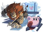  animal_ears battle blush_stickers claws colored_skin debris fangs fecto_forgo fecto_forgo_(larva) furry furry_male highres kirby kirby_(series) kirby_and_the_forgotten_land leongar lion_ears lion_tail mane open_mouth pink_skin poyo_party solid_oval_eyes tail wrist_cuffs 