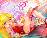  1girl absurdres ass bare_arms bare_shoulders blonde_hair blue_eyes blush bracelet breasts dress earrings from_side hair_between_eyes high_heels highres hoop_earrings jewelry long_hair mars_symbol nail_polish onimiere panties panty_&amp;_stocking_with_garterbelt panty_(psg) panty_pull pink_panties red_dress red_footwear red_nails shiny_skin short_dress small_breasts solo tongue tongue_out underwear venus_symbol 
