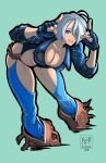  1girl aaron_bissessar angel_(kof) bangs blue_eyes boots bra breasts chaps cowboy_boots cropped_jacket finger_horns fingerless_gloves gloves hair_over_one_eye highres horns_pose index_fingers_raised jacket large_breasts leather leather_jacket snk strapless strapless_bra the_king_of_fighters the_king_of_fighters_xiv toned underwear 