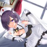  1girl are_you_333 azur_lane bangs bed_invitation bed_sheet blush breasts cleavage commentary_request cone_hair_bun dress elbow_gloves eyes_visible_through_hair frilled_dress frills gloves hair_bun hair_over_one_eye hat highres indoors jervis_(azur_lane) looking_at_viewer lying nurse_cap on_bed on_side open_mouth pantyhose pillow purple_eyes purple_hair short_hair solo white_pantyhose window 